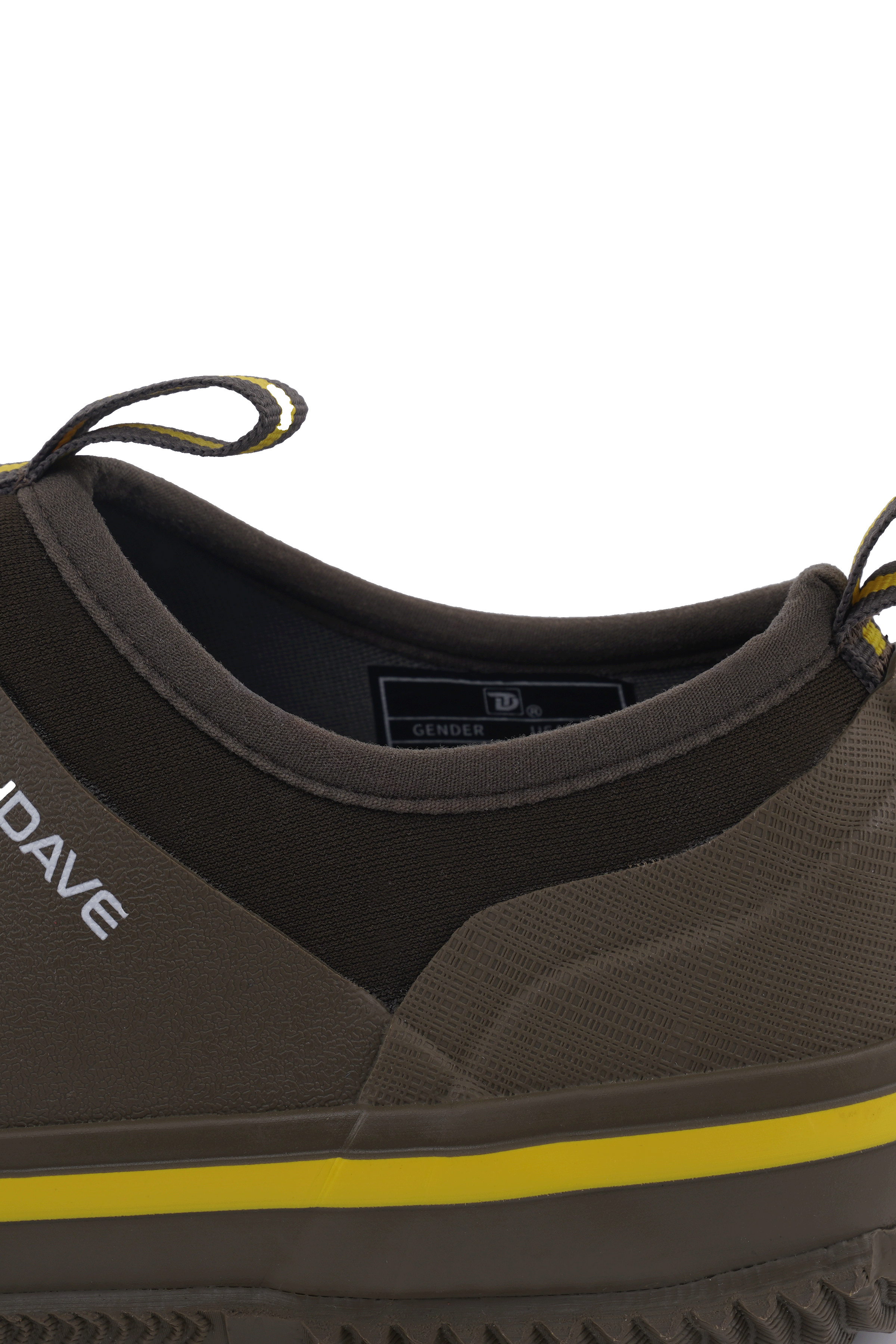 alt="Close-up of the collar opening on Trudave GreenStep Series waterproof slip-on garden shoes in brown color, showing reinforced rubber edge and smooth waterproof lining for comfort, durability, and easy slip-on use during gardening and outdoor chores"